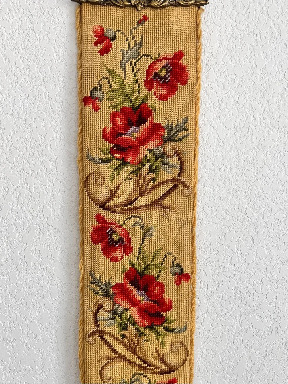 Vintage Floral Needlepoint Bell Pull Wool Velvet  Brass 63”